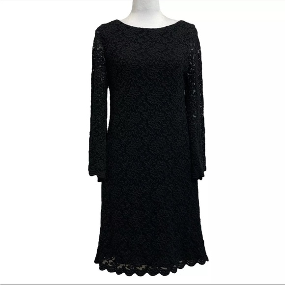 Alice + Olivia Black Lace Bell Sleeve Knee Length Evening Dress - Picture 1 of 12